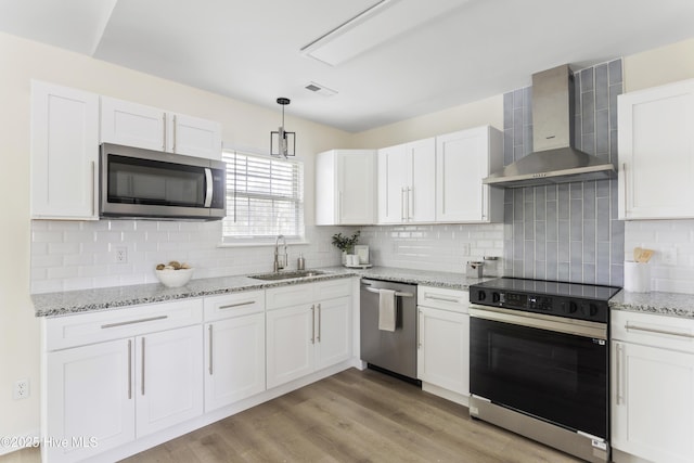 kitchen with visible vents, a sink, appliances with stainless steel finishes, white cabinetry, and wall chimney exhaust hood