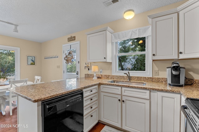 kitchen featuring visible vents, stainless steel electric stove, dishwasher, a peninsula, and a sink