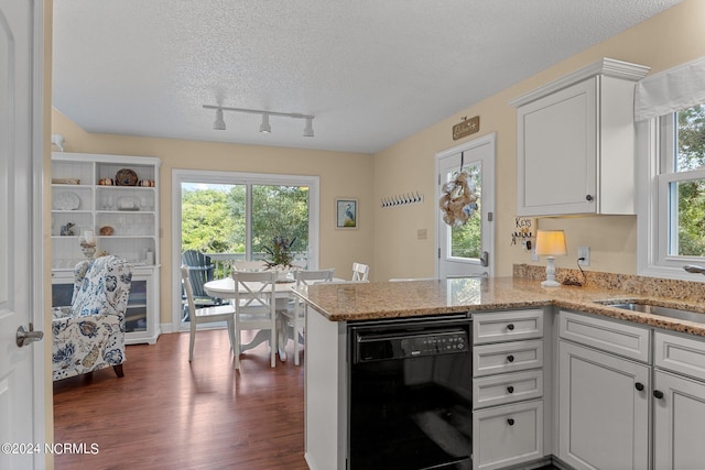 kitchen with dark wood-type flooring, black dishwasher, a textured ceiling, a peninsula, and light stone countertops