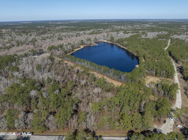 drone / aerial view with a wooded view and a water view