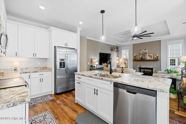 kitchen featuring a tray ceiling, a sink, appliances with stainless steel finishes, crown molding, and open floor plan