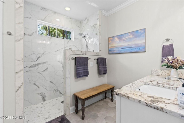 bathroom featuring recessed lighting, a marble finish shower, crown molding, baseboards, and vanity