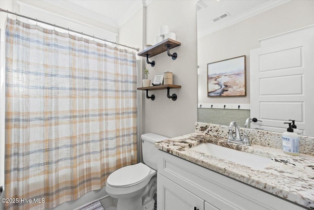 full bath with visible vents, toilet, vanity, and ornamental molding