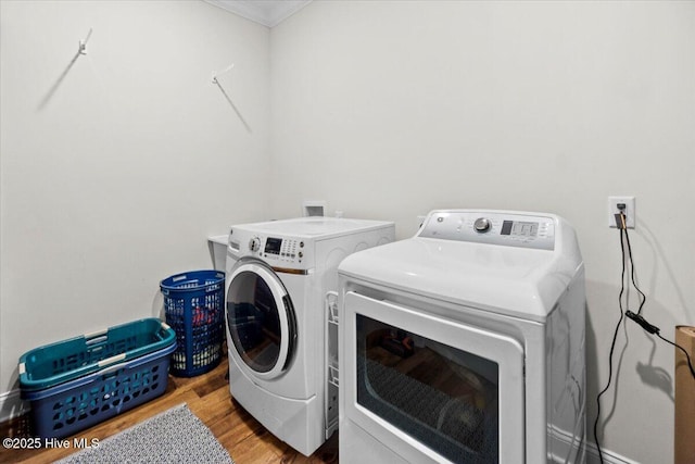 washroom featuring laundry area, independent washer and dryer, and wood finished floors