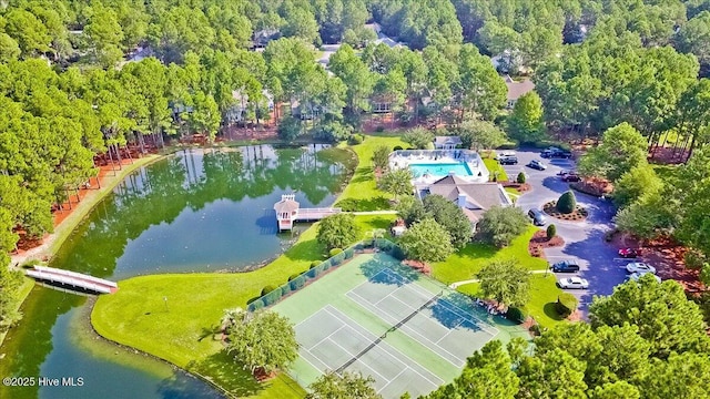 drone / aerial view with a water view