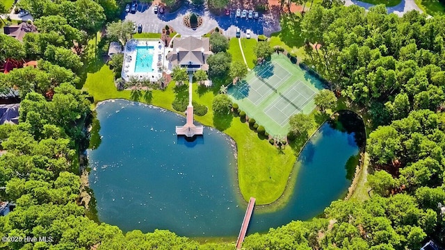 aerial view featuring a water view