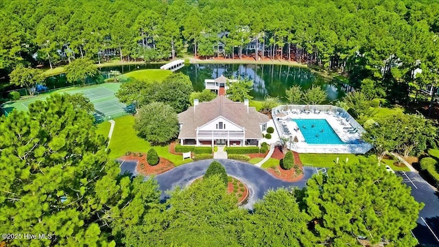 aerial view featuring a water view