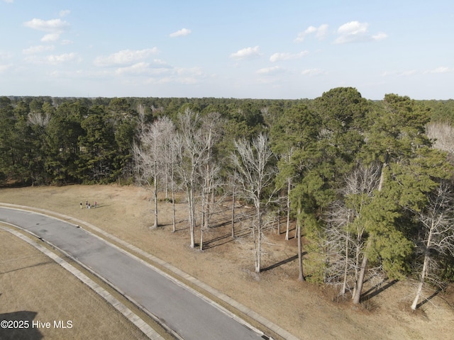 aerial view featuring a wooded view