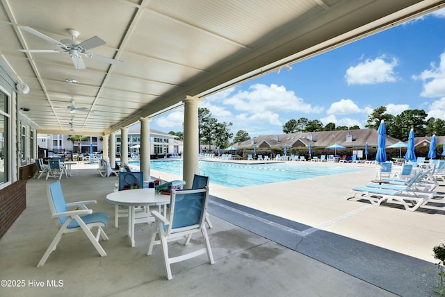 view of patio / terrace with ceiling fan and a community pool