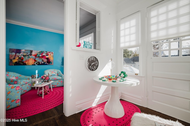 interior space with wood finished floors, baseboards, and ornamental molding