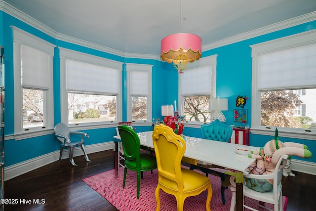 playroom with crown molding, wood finished floors, and baseboards