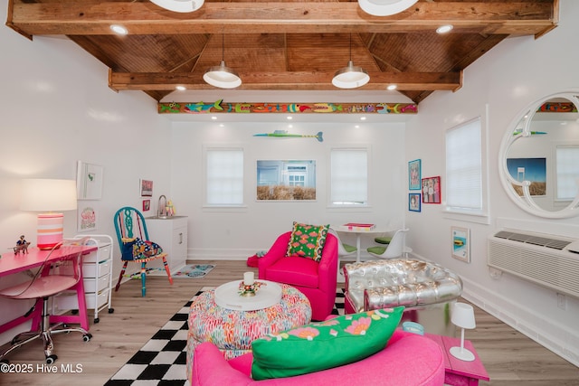 game room featuring baseboards, a wall mounted air conditioner, wood ceiling, recessed lighting, and light wood-style floors