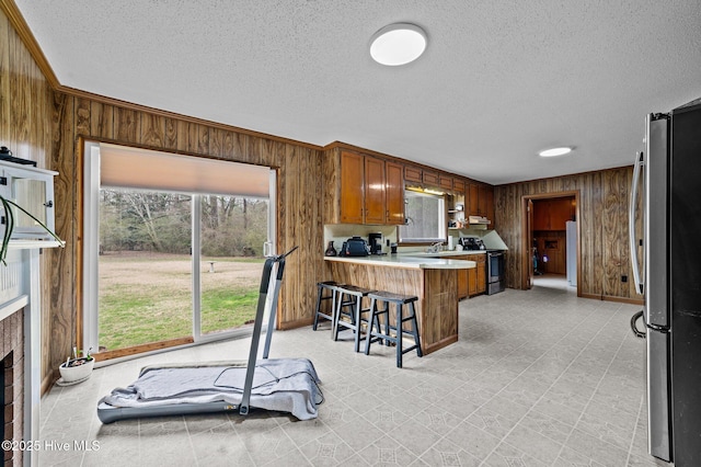 kitchen with wooden walls, a peninsula, stainless steel appliances, and light countertops