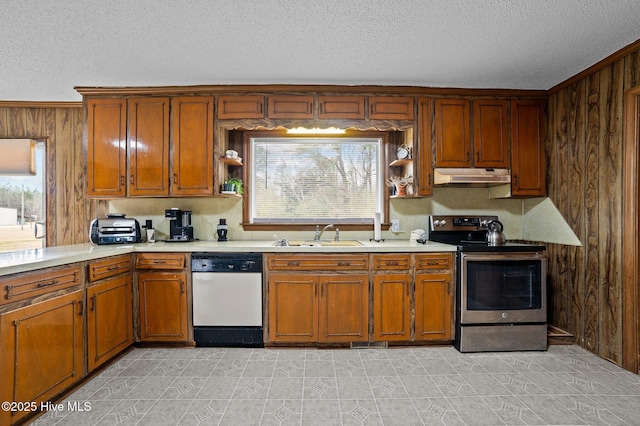 kitchen featuring wooden walls, a sink, electric stove, under cabinet range hood, and dishwasher