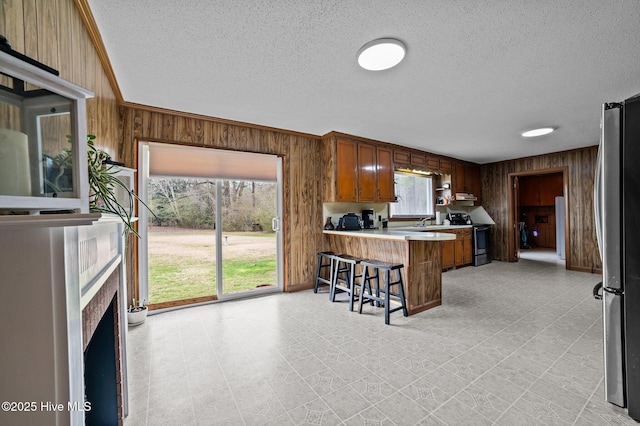 kitchen featuring a peninsula, electric range, wooden walls, and freestanding refrigerator