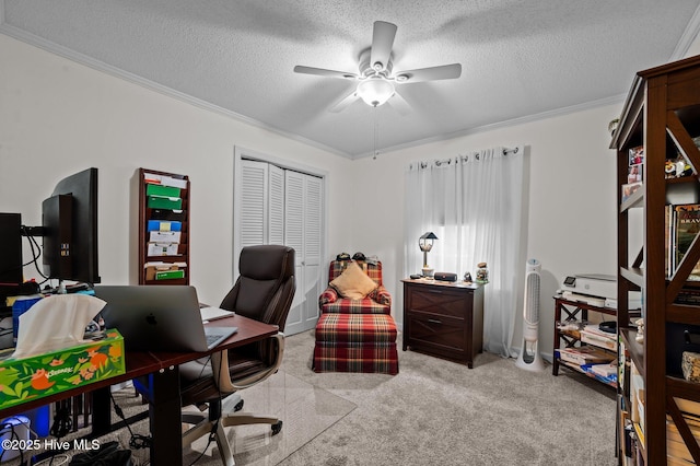 office featuring a textured ceiling, light carpet, a ceiling fan, and ornamental molding