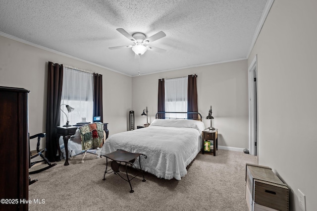 bedroom featuring multiple windows, carpet, ornamental molding, and a textured ceiling