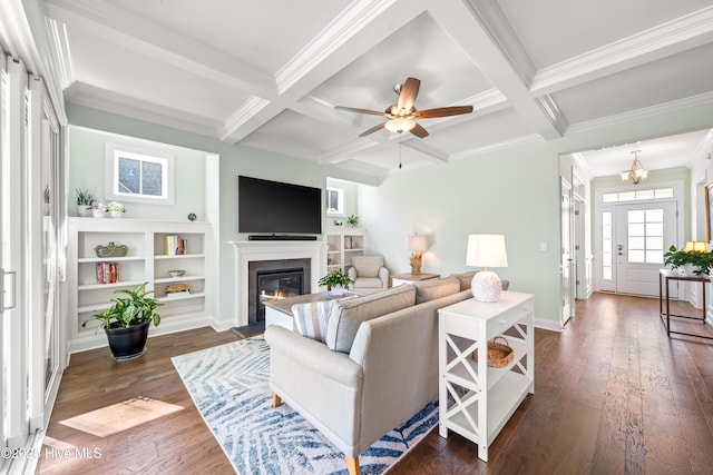 living area with a glass covered fireplace, beamed ceiling, coffered ceiling, and dark wood-style flooring