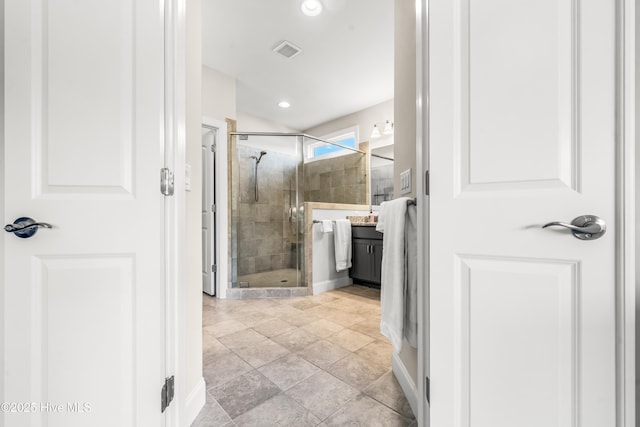 full bathroom with recessed lighting, visible vents, and a stall shower