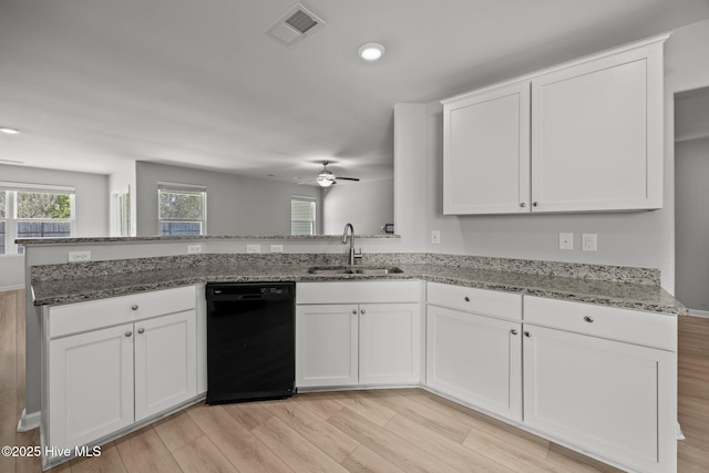 kitchen featuring visible vents, white cabinetry, ceiling fan, a sink, and dishwasher