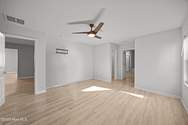 unfurnished room featuring visible vents, baseboards, light wood-type flooring, and a ceiling fan