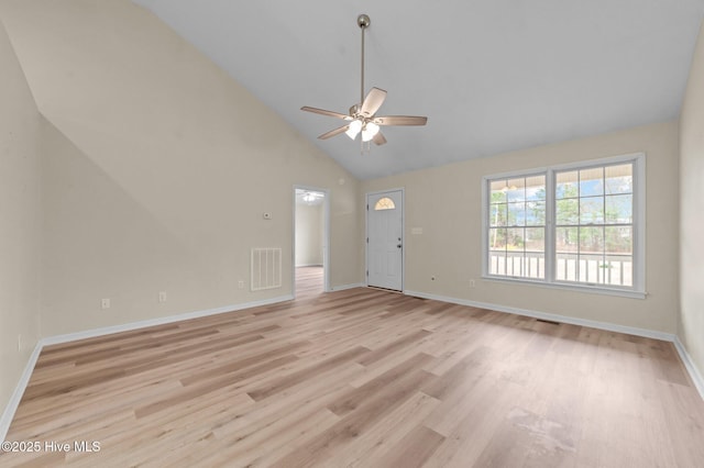 unfurnished living room with baseboards, visible vents, high vaulted ceiling, ceiling fan, and light wood-style floors