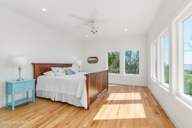 bedroom featuring light wood finished floors, multiple windows, and baseboards