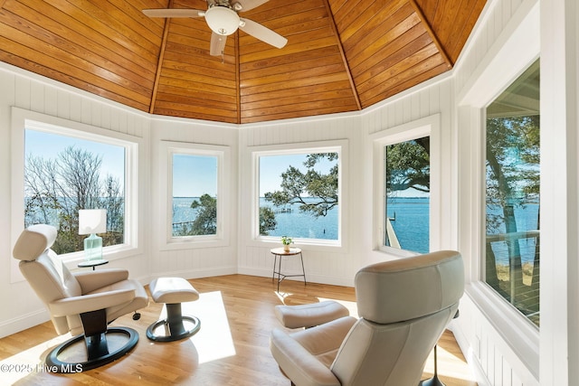 sunroom / solarium with lofted ceiling and a ceiling fan