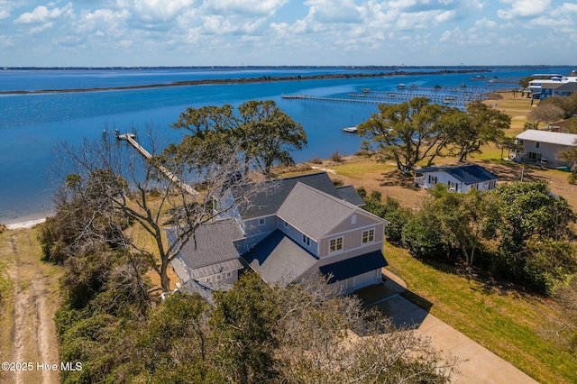 drone / aerial view featuring a water view