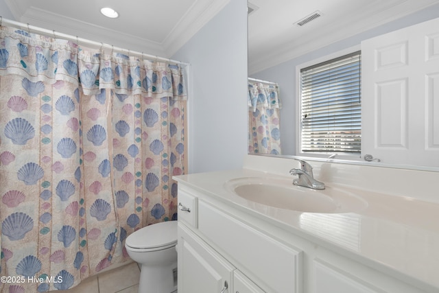 full bathroom featuring vanity, visible vents, ornamental molding, tile patterned flooring, and toilet