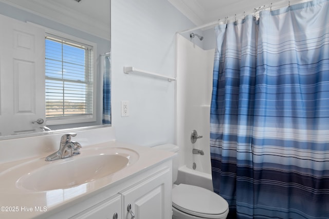 full bath with toilet, vanity, shower / tub combo, and ornamental molding