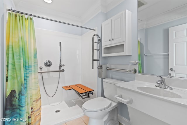 full bathroom with crown molding, toilet, a shower with shower curtain, tile patterned floors, and vanity