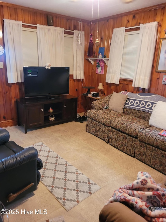 living area featuring wooden walls