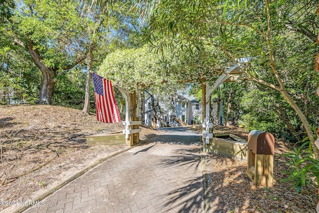 view of street with decorative driveway