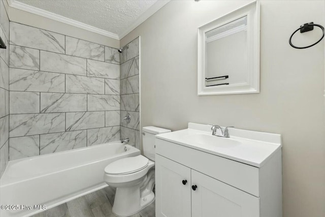 bathroom featuring toilet, a textured ceiling, wood finished floors,  shower combination, and vanity