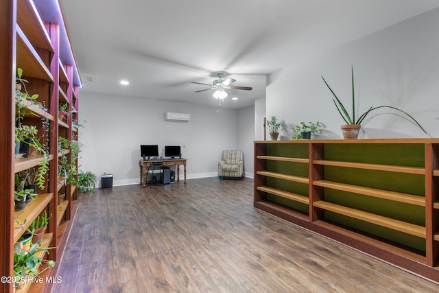 sitting room featuring wood finished floors, a desk, a ceiling fan, baseboards, and recessed lighting