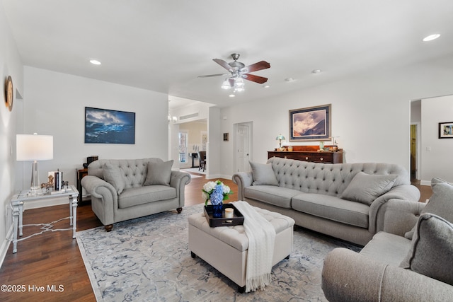 living room featuring recessed lighting, baseboards, ceiling fan, and wood finished floors