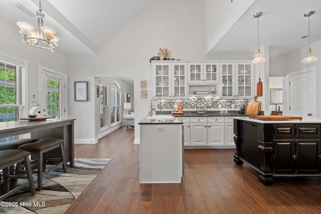 kitchen featuring dark cabinets, dark wood-style flooring, a sink, white cabinets, and tasteful backsplash