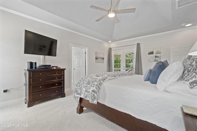 bedroom with visible vents, a ceiling fan, french doors, carpet floors, and lofted ceiling