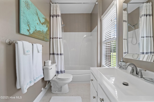 full bathroom with shower / bathtub combination with curtain, toilet, and vanity