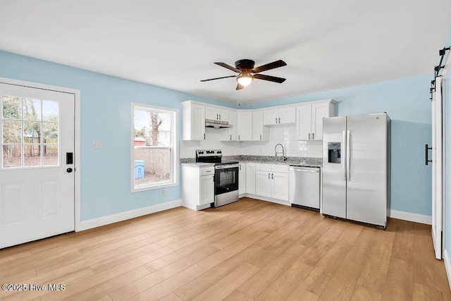 kitchen with a ceiling fan, under cabinet range hood, a sink, a barn door, and appliances with stainless steel finishes