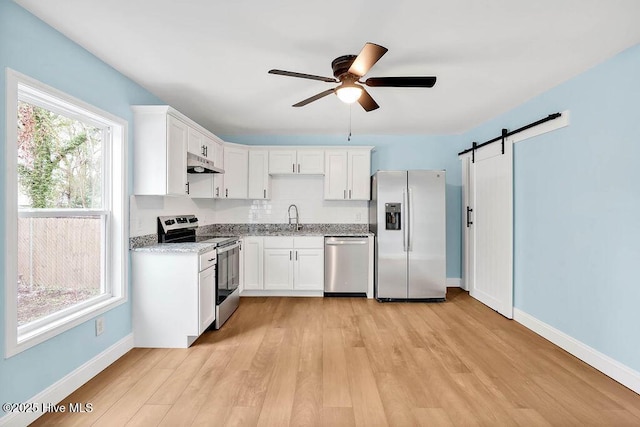 kitchen with a ceiling fan, a sink, stainless steel appliances, under cabinet range hood, and a barn door