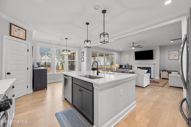 kitchen with a sink, light wood-style floors, appliances with stainless steel finishes, a fireplace, and light countertops