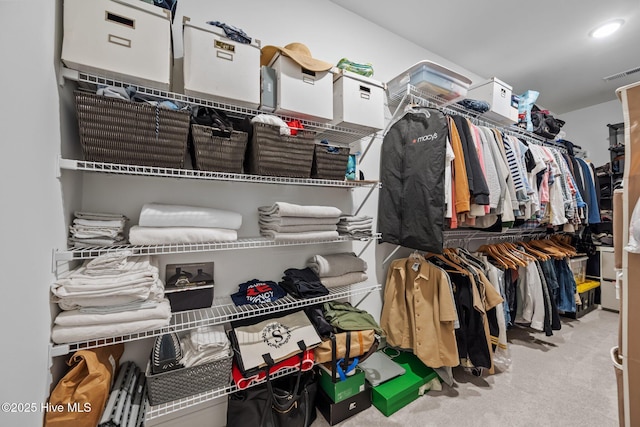 spacious closet with visible vents and carpet floors