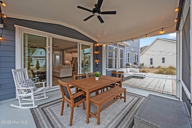 exterior space featuring outdoor lounge area, outdoor dining area, and a ceiling fan