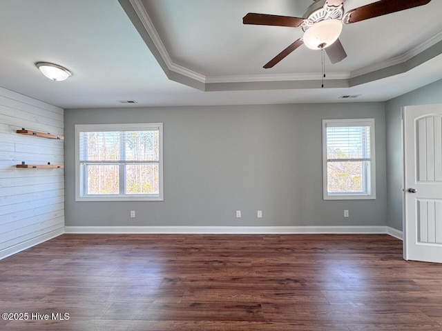 spare room featuring a wealth of natural light, a tray ceiling, and dark wood-type flooring