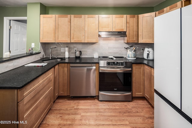 kitchen with under cabinet range hood, decorative backsplash, light wood-style floors, stainless steel appliances, and a sink