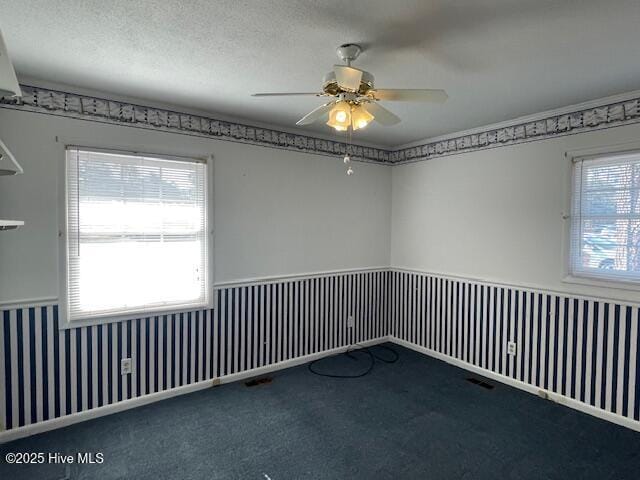 carpeted spare room featuring a textured ceiling, a healthy amount of sunlight, ceiling fan, and wainscoting