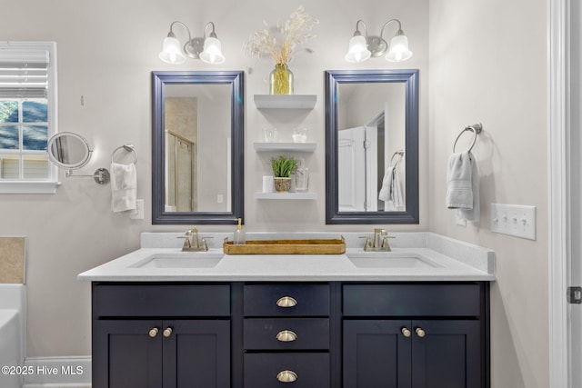 full bath featuring a sink, a shower, a tub to relax in, and double vanity