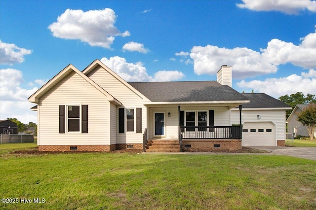 ranch-style home featuring a porch, a front yard, a garage, crawl space, and driveway